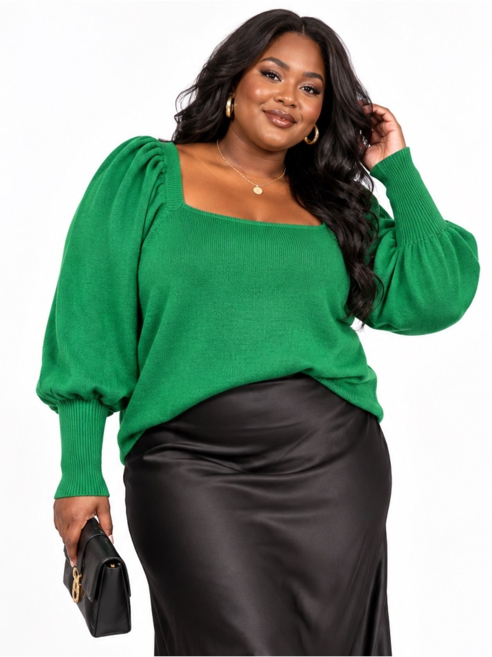ELOQUII 22/24 Emerald Green Square Neck Puff Sleeve Sweater